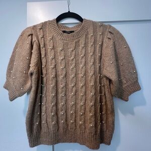 Forever 21 Pearl-Embellished Cable Knit Sweater - tan